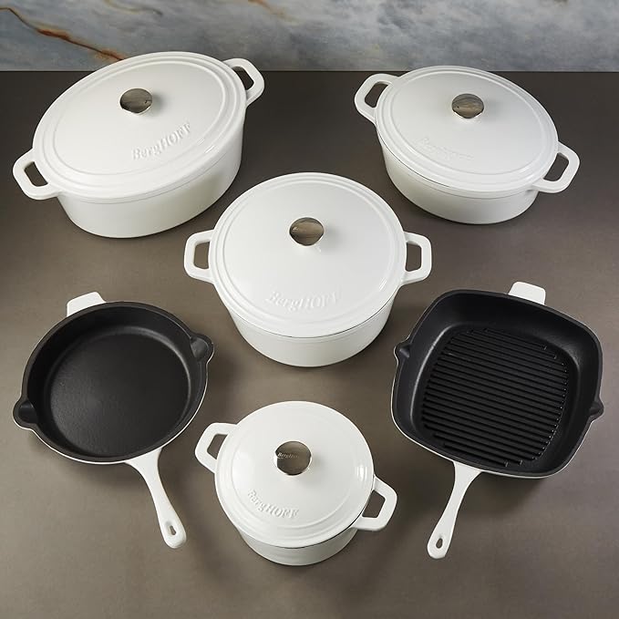 BergHOFF 10Pc Neo Enameled Cast Iron Cookware Set, Matching Lid, Oven Safe Up To 400°F, White