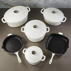 BergHOFF 10Pc Neo Enameled Cast Iron Cookware Set, Matching Lid, Oven Safe Up To 400°F, White