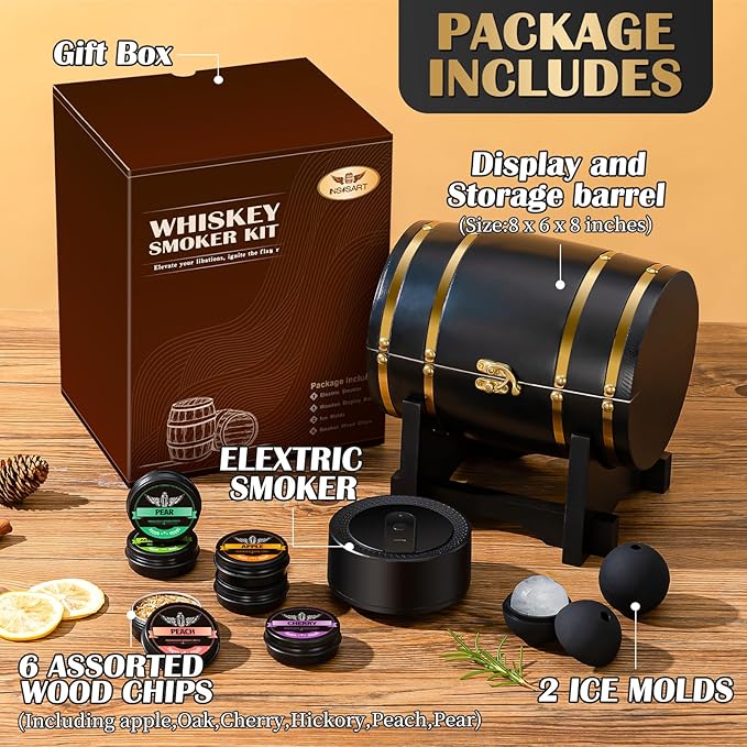 Electric Whiskey Smoker Kit with Wooden Display Barrel, Rechargeable Cocktail Smoker Kit with 6 Premium Wood Chips for Old Fashioned & Whiskey – Bar Gift for Men, Dad, Husband (No Butane Needed)