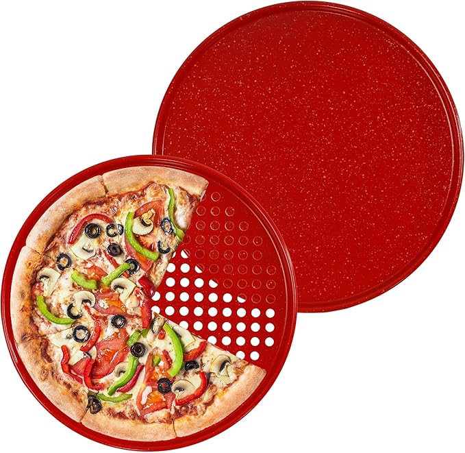 casaWare 2pc 12-inch Ultimate Pizza Pan Set, Nonstick, Ceramic Coated, (1) Solid, (1) Perforated (Red Granite)