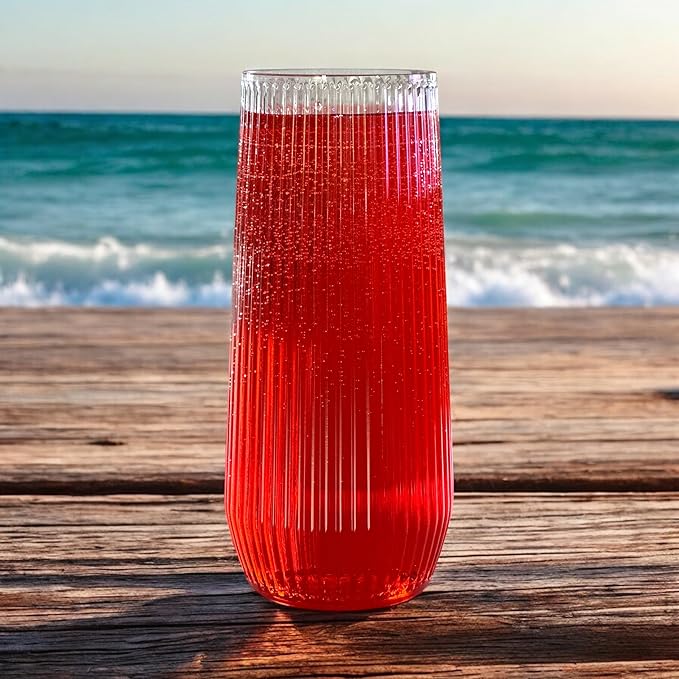 48 Pack Ribbed Ripple Stemless Toasting Glasses, Origami Durable 9 Oz BPA-Free Disposable Plastic Champagne Flutes for Weddings, Bars, Events, and Celebrations (Clear)