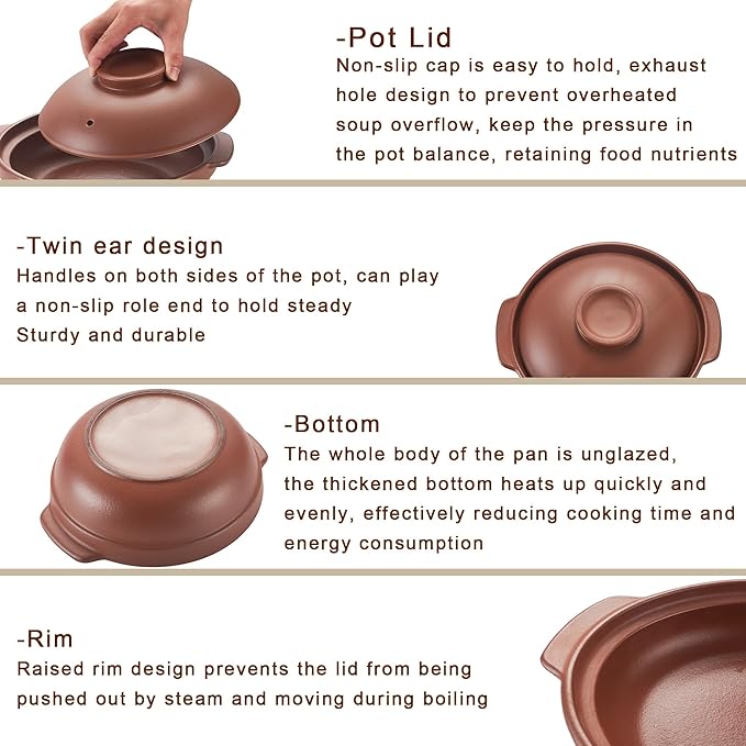 Unglazed Terracotta Ceramic Casserole Dish, Clay Pot, Earthen Pot Cookware with Lid for Dinner and Party, Stockpot for Rice Hot Pot, Stew, Bakeand Serve Oven Safe-Heat Resistant
