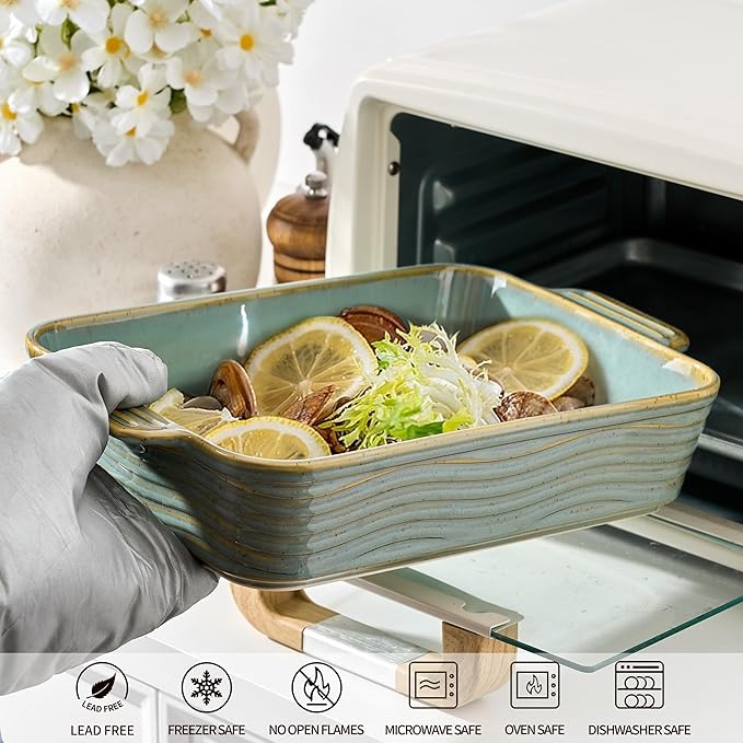 Ceramic Baking Dish Set of 3, Casserole Dishes for Oven, Square Porcelain Bakeware Set with Handles, Lasagna Baking Pan for Cooking, Perfect for Baking and Serving, Housewarming, Halloween, Thanksgiving, Christmas, New Year- Green