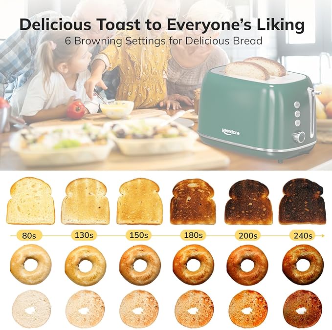 Toaster 2 Slice Stainless Steel with 6 Bread Shade Settings, Bagel, Cancel, Defrost Function, Retro 2 Slice Toaster with Extra Wide Slot, Removable Crumb Tray, dark green