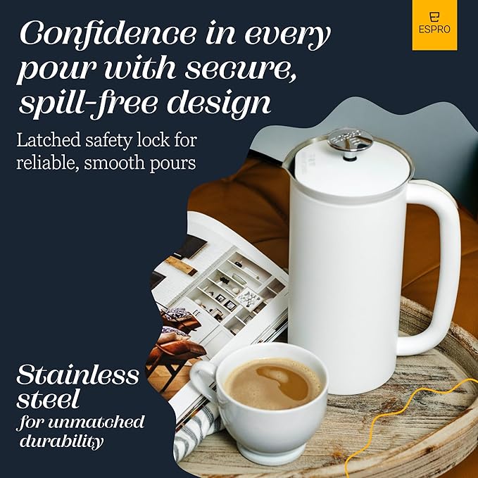 ESPRO P7 French Press Coffee Maker - Double-Walled Stainless Steel Insulated with Micro-Filter, 32 Ounces, Matte White