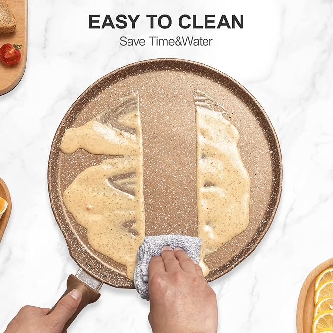 Nonstick Crepe Pan, Granite Coating Flat Skillet Dosa Tawa Tortilla Pan, 10 inch Pancake Griddle Roti Pan With Stay-Cool Handle, Induction Compatible, PFOA Free