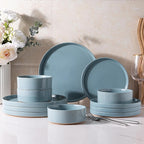 AmorArc Ceramic Dinnerware Set for 4 | Speckled Stoneware Plates and Bowls with unglazed terracotta | Scratch Resistant, Dishwasher & Microwave Safe Dishes Sets- 12-Pcs Blue