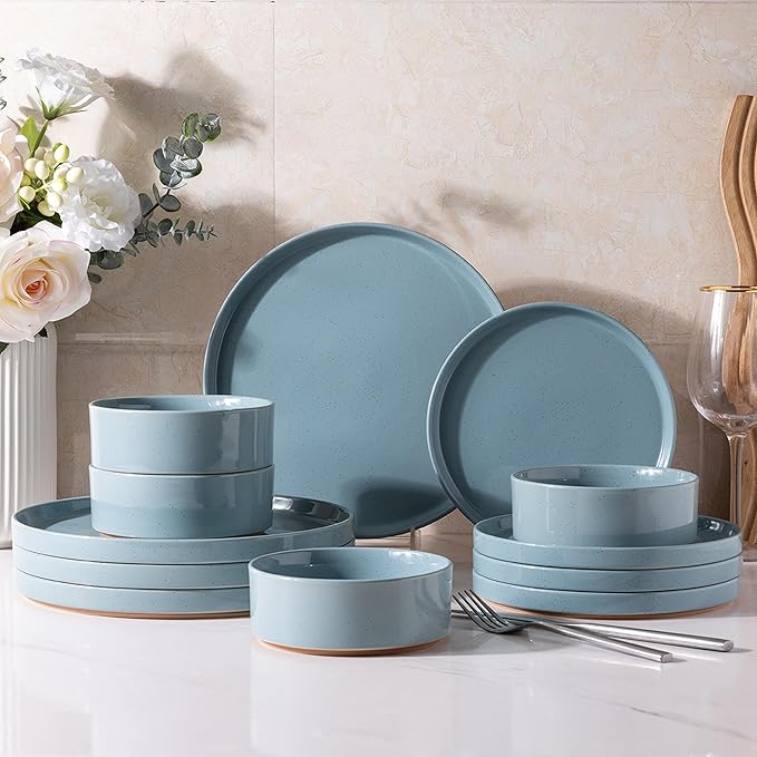 AmorArc Ceramic Dinnerware Set for 4 | Speckled Stoneware Plates and Bowls with unglazed terracotta | Scratch Resistant, Dishwasher & Microwave Safe Dishes Sets- 12-Pcs Blue