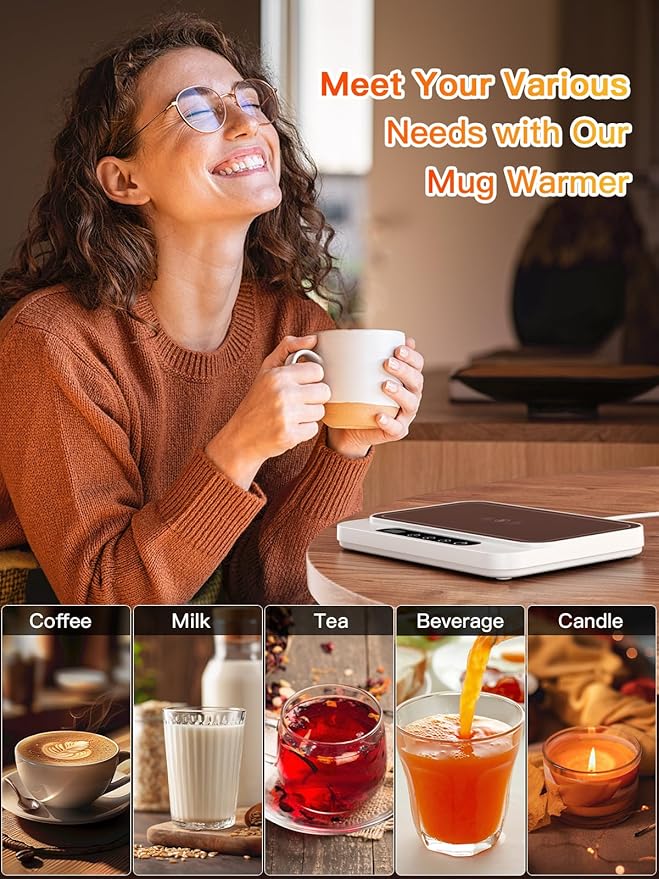 Misby Mug Warmer, 50W Large Heating Panel Coffee Mug Warmer with 6-Temp Settings, 8H Auto Shut-Off, 12H Timer, Ultra-Thin Design, Coffee Cup Warmer for Desk, Ideal for Home, Office, Travel (White)