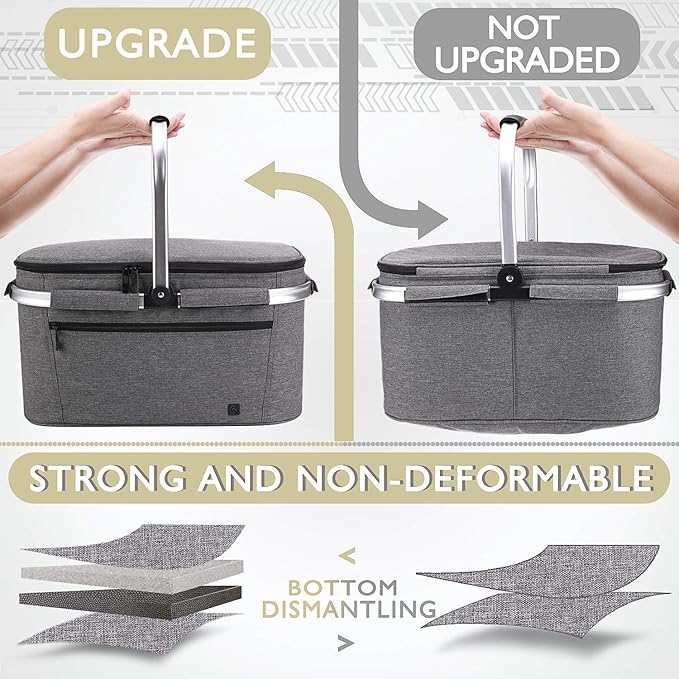 ALLCAMP OUTDOOR GEAR Large Picnic Basket 32L Shopping Basket Grocery Bags Folding Insulated Strong Aluminum Frame Basket (Large Gray)