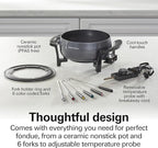 Hamilton Beach 12 Cup Electric Fondue Pot Set with Temperature Control, 6-Color Coded Forks, for Cheese, Chocolate, Hot Oil, Broth, 3 Quart PFAS-Free Nonstick Interior, Gray (86202)