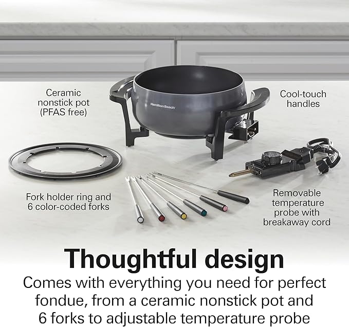 Hamilton Beach 12 Cup Electric Fondue Pot Set with Temperature Control, 6-Color Coded Forks, for Cheese, Chocolate, Hot Oil, Broth, 3 Quart PFAS-Free Nonstick Interior, Gray (86202)