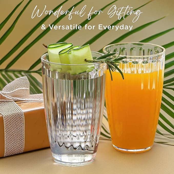 Kate Aspen Clear Ribbed Acrylic Glasses Drinkware Set of 8, 21 oz, Plastic Tumblers, Tumblers & Water Glasses, BPA-Free Plastic Cups Reusable for Cocktails,Pool Parties & Outdoor Entertaining