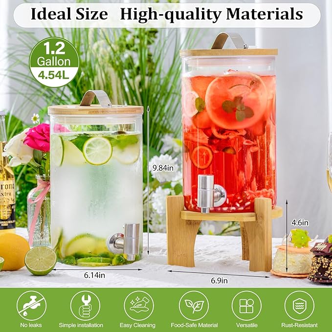 1.2 Gallon Large Glass Drink Dispenser For Parties, Beverage Dispenser with Bamboo Wood Stand and Stainless Steel Spigot, Juice, Lemonade, Water jug dispenser, Laundry Detergent Dispenser (2 PACK)