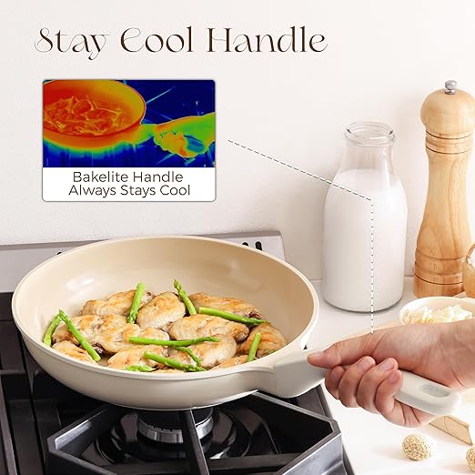 Nonstick Ceramic Frying Pan, 8/10 Inch Skillet with Stay Cool Handle, Fully Coated, Induction Compatible & Oven Safe, 100% Dishwasher Safe, PTFE PFAS & PFOA Free（8 Inch, Coconut White）