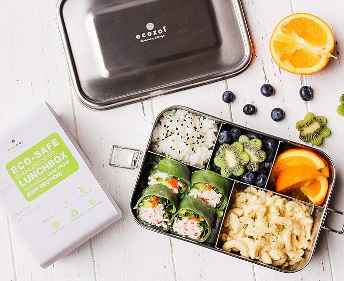 Stainless Steel Lunch Box, 1-Tier Metal Bento Box Leak Proof with 5 Compartments, 50 Oz Metal Lunch Container, Meal Prep Food Container, with 50 ml Sauce Container