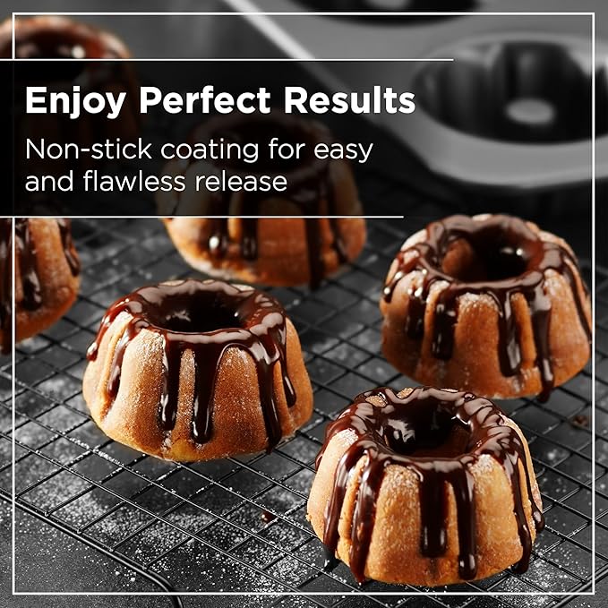Wrenbury Nonstick Mini Buntz Cake Pan Non Stick for Baking - 6 Cup Bundtlette Fluted Cake Tin for Small Cakes - PFOA Free and Dishwasher Safe - 3.75” Cup Width