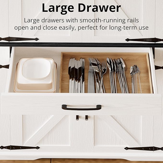 IRONCK Farmhouse Kitchen Pantry Cabinet, Tall Storage Cabinet with 6 Hanging Shelves and Adjustable Shelves, Freestanding Cupboard with Barn Doors for Kitchen, Dining Room，White/Black