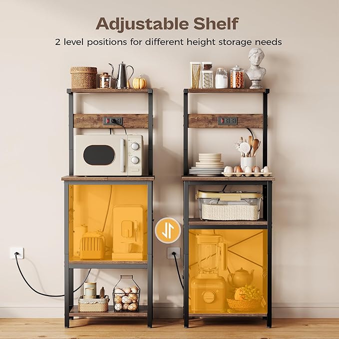 SUPERJARE 4 Tier Bakers Rack with Power Outlets, Microwave Stand with Adjustable Shelf, Kitchen Shelf Organizer for Small Space, Coffee Bar with 6 S Hooks, Kitchen Storage Rack, Rustic Brown