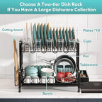 BOOSINY Dish Drying Rack and Drainboard Set for Kitchen Counter, 2 Tier Large Stainless Steel Sink Organizer Dish Racks with Cups Holder, Utensil Holder, Black Dish Strainer Shelf
