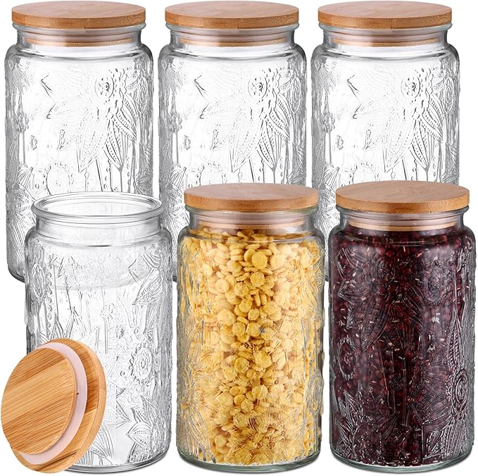 Domensi 6 Pack 34 oz Vintage Glass Jars with Lid Airtight Cute Cookie Jars Food Storage Containers for Decorative Desk Kitchen Office Pantry Candy Sugar Coffee Bean Tea Flour Oats