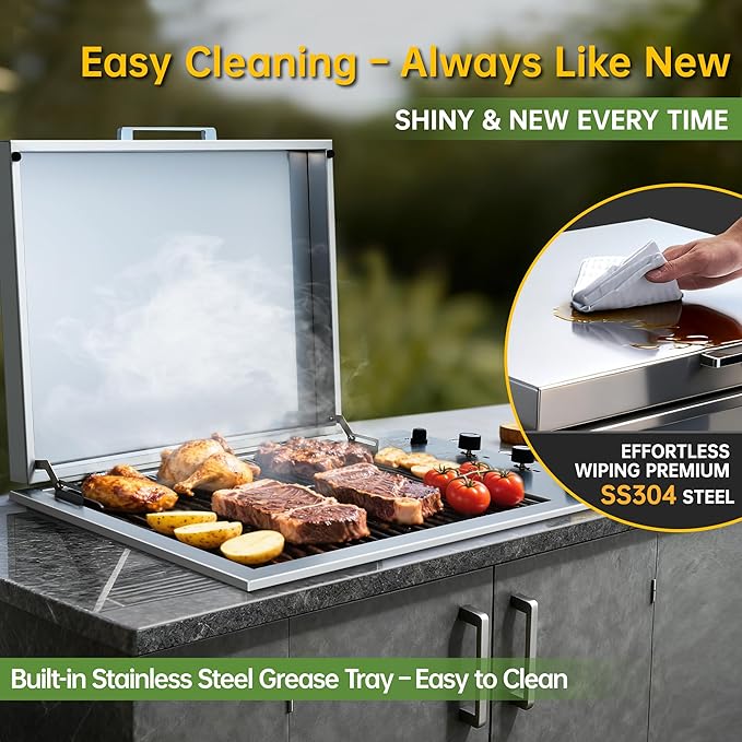 34-Inch Premium Built-In Liquid Propane Griddle for Outdoor Kitchen, 3-Burner Heavy Duty Stainless Steel Flat Top Grill with Lid, 48,000 BTUs, Large Cooking Area for BBQ Island, Outdoor Cooking,Silver