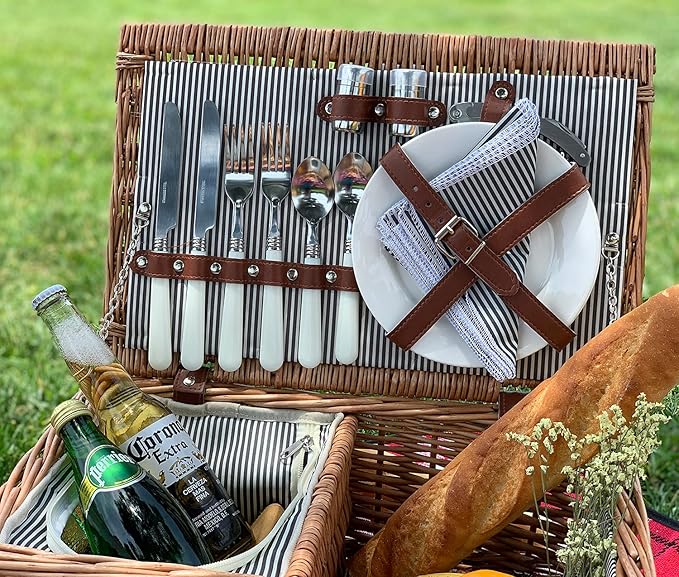 Picnic Basket for 2, Willow Hamper Set with Insulated Compartment, Handmade Large Wicker Picnic Basket Set with Utensils Cutlery - Perfect for Picnic, Camping, or Any Other Outdoor