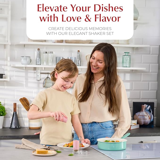 Signature Petal Pink Salt and Pepper Shakers with Holder - Elegant Stainless Steel Salt Shaker and Pepper Shaker Set with Acrylic Holder for Kitchen Counter or Restaurant Table (2-Piece Set)