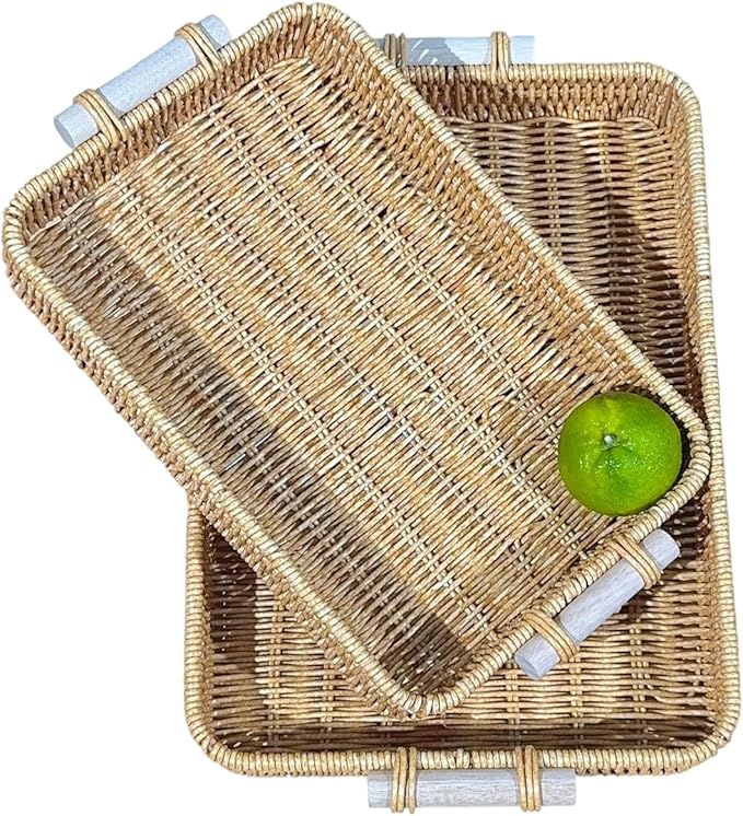 Woven Kitchen Storage Baskets Rattan Fruit Tray for Decoration Rectangular Bread Baskets with Wooden Handles, Outdoor Serving Tray for Coffee Table, Picnic Food, Snacks, Vegetables, 2-Piece, Natural