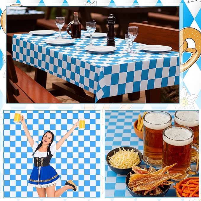 Tudomro 54 Inch x 100 FT Oktoberfest Tablecloth Roll, Oktoberfest Themed Party Supplies, Waterproof Plastic Blue and White Checkered Tablecloth for German Themed Birthday Party Decorations