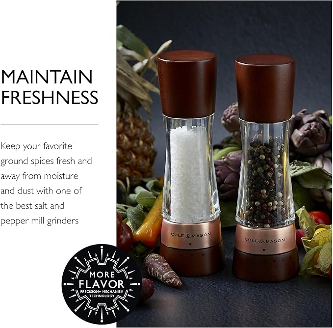 Cole & Mason Derwent Salt & Pepper Mill Gift Set - Salt & Pepper Shaker & Grinder with Adjustable Coarseness - Gourmet Precision Mill Set - Stainless Steel & Acrylic Grinders - Rose Gold