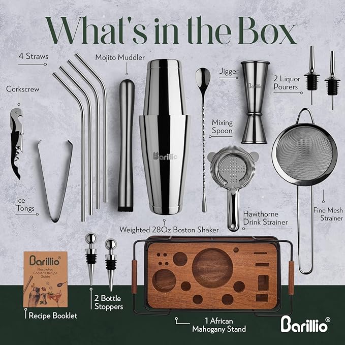 Barillio Black Bartender Kit – 23-Piece Stainless-Steel Cocktail Shaker Set with Premium African Mahogany Stand | Martini Barware Mixing Tools for Home Bartending | Gift Set