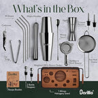 Barillio Black Bartender Kit – 23-Piece Stainless-Steel Cocktail Shaker Set with Premium African Mahogany Stand | Martini Barware Mixing Tools for Home Bartending | Gift Set