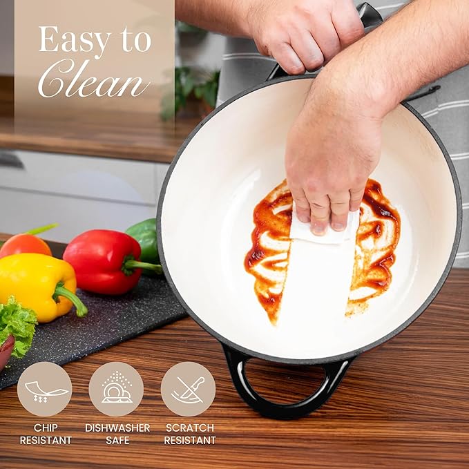 Nuovva Enamelled Cast Iron Dutch Oven Pot with Lid – 6.4 Quart Non Stick Casserole Pot – Heavy Duty & Oven Safe up to 500° F for Bread Baking, Braising, Stews, Roasting – 28cm Black