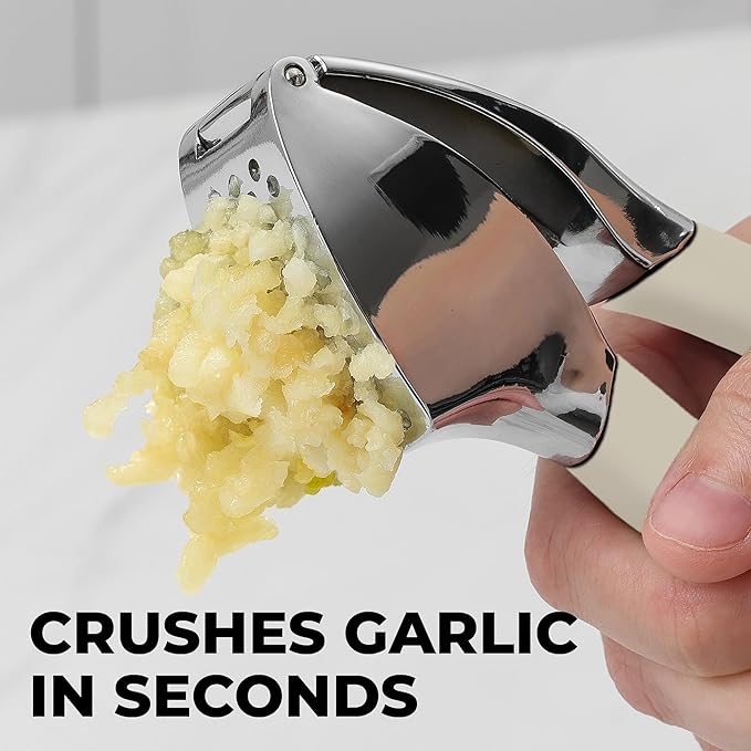 Zulay Kitchen Comfort Grip Garlic Press - Garlic Mincer Tool - Garlic Crusher - Garlic Press Mincer Rust Proof, with Soft Ergonomic Handle, Easy Clean Set with Peeler and Brush - White