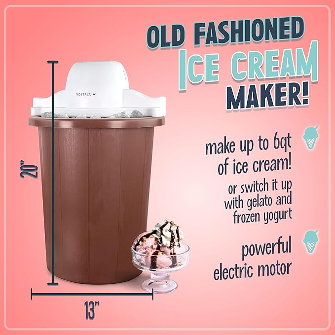 Nostalgia Electric Ice Cream Maker – Parlor Style, Old Fashioned Soft Serve Ice Cream Machine Makes Frozen Yogurt or Gelato in Minutes - Fun Kitchen Appliance – White & Dark Bown - 6 Quart