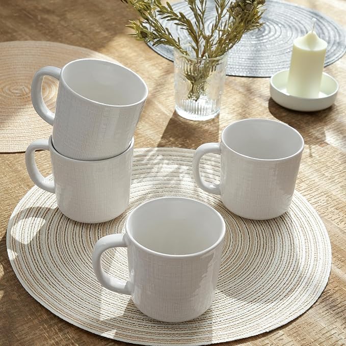 famiware Moonlight Coffee Mug Set of 4, 13oz Mug Set with Linen Finish, Coffee Cup Set with Handle for Latte, Cappuccino, Tea, Hot Cocoa, Microwave and Dishwasher Safe, White