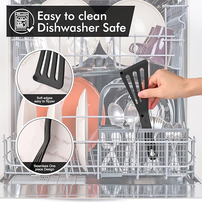 HOTEC 600℉ Heat Resistant Silicone Slotted Fish Turner Spatula Set, BPA Free Flipper Cooking Spatulas, for Non Stick Cookware Dishwasher Safe, Black