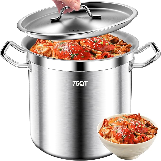 Large Stock Pot - 75QT Stainless Steel Stockpot with Lid, Heavy Duty Tri-Ply Bottom Commercial Grade Soup Pot for Cooking Soup, Stew, Canning, Oven, Gas, Ceramic, Dishwasher Safe