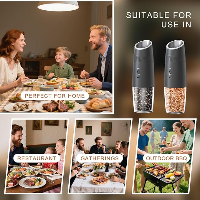 Electric Salt and Pepper Grinder Set – Rechargeable Gravity Automatic Pepper Mill Gift Set with LED Light & 6 Adjustable Coarseness