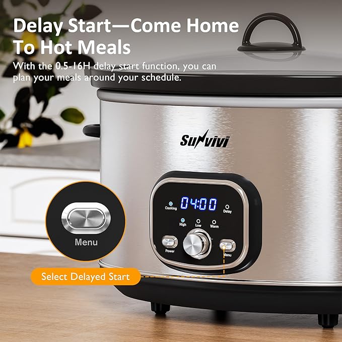 Sunvivi Slow Stew Pot - Electronic - Stainless Steel Color -8.5 QT: Multi-Cooker Food Warmer with Delay Function, Adjustable Tempature Control, Dishwasher Safe, Perfect for Families, Sliver