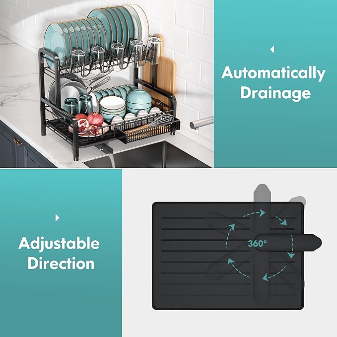 BOOSINY Dish Drying Rack and Drainboard Set for Kitchen Counter, 2 Tier Large Stainless Steel Sink Organizer Dish Racks with Cups Holder, Utensil Holder, Black Dish Strainer Shelf