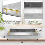 17" x 12" Wood Serving Tray with Gold Polished Metal Handles, Home Decorative Wooden Rectangle Ottoman Leather Decor Platter Bathroom Vanity Tray for All Occasions Alligator Silvery
