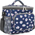 FlowFly Insulated Reusable Lunch Bag Adult Large Lunch Box for Women and Men with Adjustable Shoulder Strap,Front Zipper Pocket and Dual Large Mesh Side Pockets,Daisy