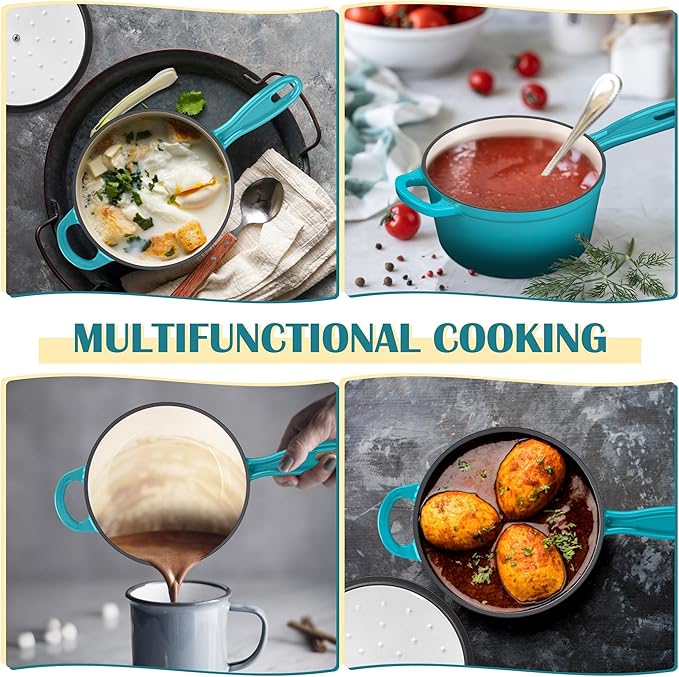 E-far Enameled Cast Iron Sauce Pan with Lid, 1 Quart Dutch Oven Saucepan, Mini Sauce Pot for Cooking, Boiling, Healthy & Non Toxic, Induction & Oven Safe, Green