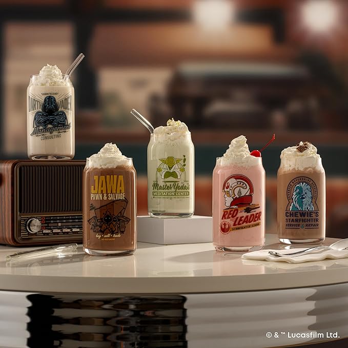 JoyJolt Star Wars Retro Vintage Collection 16.9oz Glass Tumblers - Featuring Darth Vader, R2D2, Yoda, Chewbacca, Red Leader, Jawa - Original Trilogy Drinkware, Set of 6 with Glass Straws