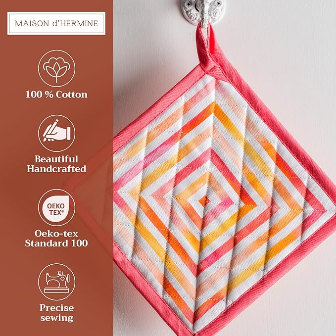 Maison d' Hermine Pot Holders 100% Cotton Heat Resistant Potholders 8" x 8" Hot Pads with Loop BBQ, Cooking, Baking, Grilling, Kitchen, Handling Hot Pans Spring/Summer (Pack of 1, Summer Maze)