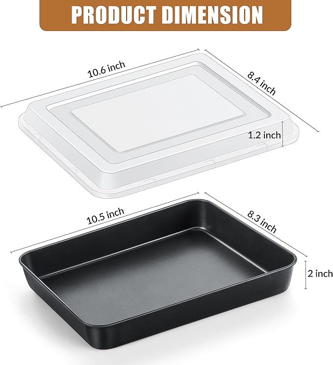E-far Baking Pan with Lid, 10.5 x 8.3 x 2 Inch Nonstick Rectangle Stainless Steel Cake Pan Sheet for Toaster Oven, Black Bakeware for Cakes Brownies Casseroles, Non-toxic & Healthy, Set of 2