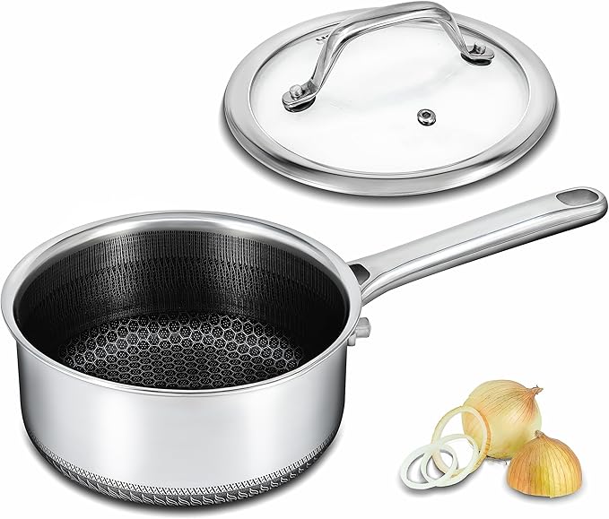 Hybrid Nonstick 1.5 QT Saucepan with Lid, Stainless Steel Honeycomb Pot,Compatible with All Cooktops,Dishwasher and Oven Safe