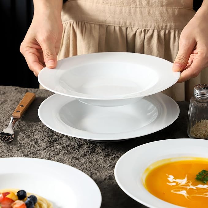 Ceramic Soup Bowls Shallow Plates, Halloween 4 Pack White Dinner Bowls Plates, Porcelain Wide Rim, 8.5 Inch (8.5 oz) Shallow Bowls Ideal for Soup Dessert Salad and Pasta, Microwave and Dishwasher Safe